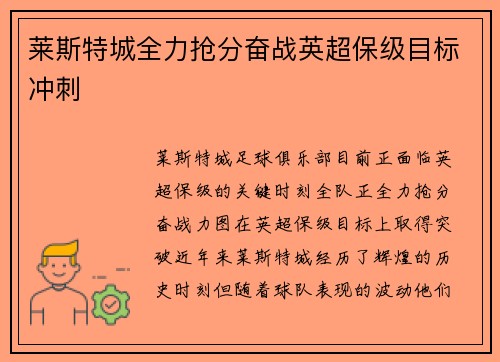 莱斯特城全力抢分奋战英超保级目标冲刺 莱斯特城全力抢分奋战英超保级目标冲刺