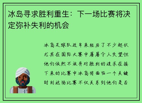 冰岛寻求胜利重生:下一场比赛将决定弥补失利的机会 冰岛寻求胜利重生:下一场比赛将决定弥补失利的机会