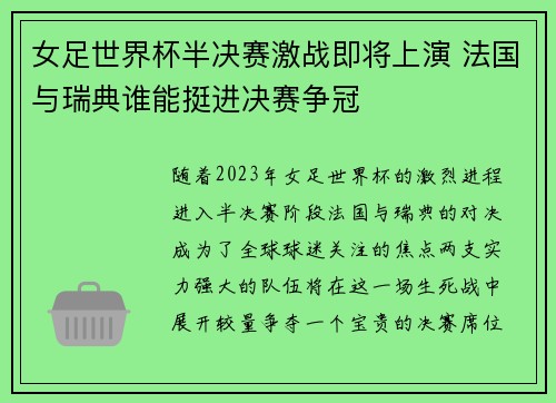 女足世界杯半决赛激战即将上演 法国与瑞典谁能挺进决赛争冠 女足世界杯半决赛激战即将上演 法国与瑞典谁能挺进决赛争冠