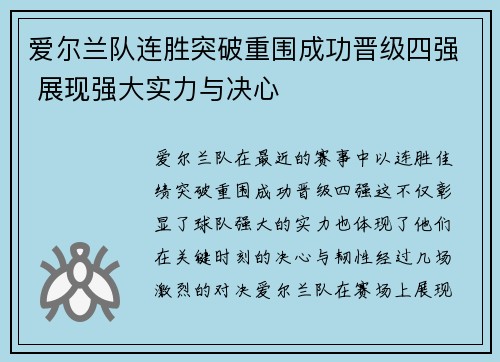爱尔兰队连胜突破重围成功晋级四强 展现强大实力与决心